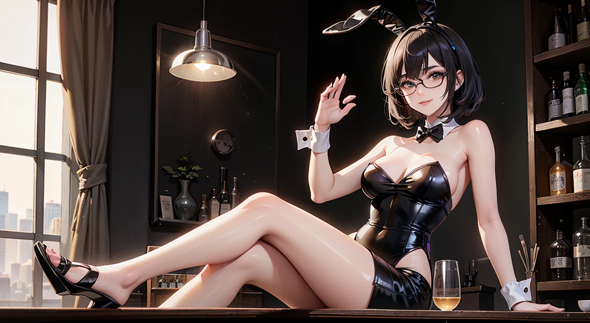 (((Solo))) Vampire woman with short white hair, (red eyes), ((((wearing a shiny black bunny girl outfit)))), (mature woman Anna), ((large chest)), curvy hips, long legs, detailed eyes, (((mature woman))), milf, ((full lips)), sparkling eyes, seductive pose, sexy face, (beautiful lighting), (at a bar), (sitting down a table), shiny skin, stockings,