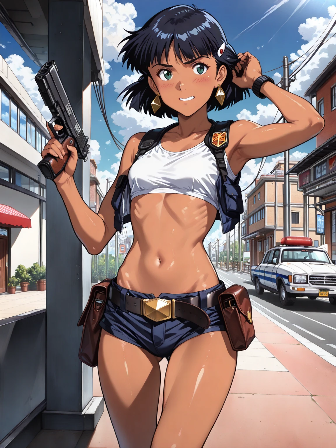 Shakti Kareen, brown_hair, brown_eyes, long_hair, dark skin, Imperial Guard Combat Uniform Swimsuit, o-ring bikini, v gundam, swimsuit, absurdres, highres, solo, cowboy shot, 1girl, neneka nibrou \(cosplay\), wristband, headphone, holster, backpack, holding gun, aiming, perfect hands, wind, small breast, mind control, empty eyes, blank eyes, corruption, obey