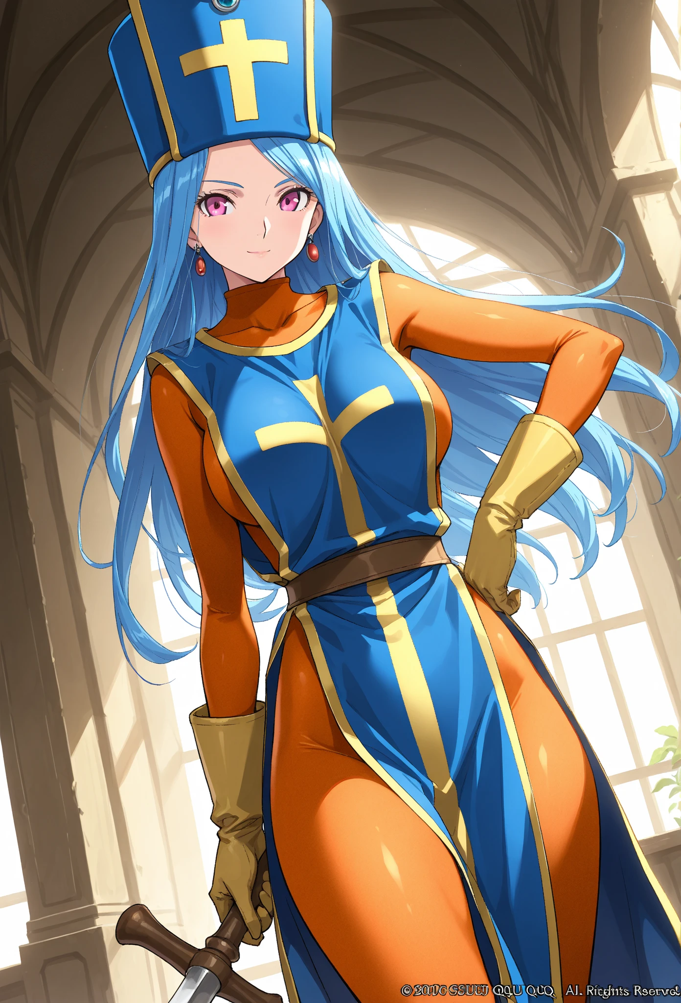 priest \(dq3\), orange bodysuit, long hair, 1girl, solo, breasts, looking at viewer, large breasts, red eyes, gloves, hat, blue hair, aqua hair, bodysuit, staff, tabard, cross print, mitre, (beautiful waterfall:1.1), sitting, <lora:DQ3Priest:0.7>