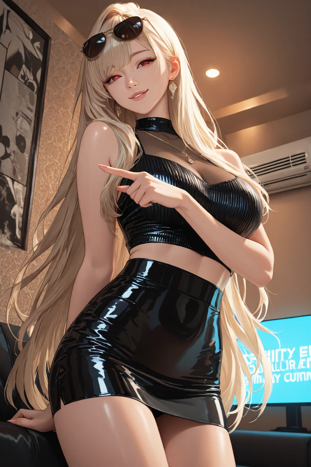 realistic, 1 women, best quality, 12k, HD, long hair, big round breasts, cleavage, ponytail, necklace, jewelry, shorts, short jacket, slim hips, hair tie, yellow eyes, black hair, super detailed, Eye details, hair details, person details, mouth details, face details, breast details, clothes details, hair details, pants details, hand details, whole body