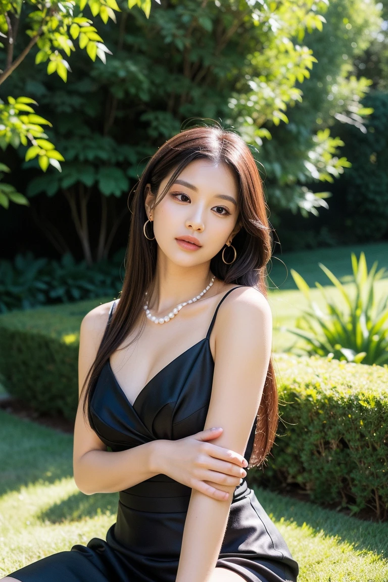 Tzuyu 1, woman, (Realistic), (Hyperrealism), (photoRealistic), Written boundary depth, eye make up:0.7 (whole body:1.8), (Large Bust),(Tight waist), Observe the audience,At the flower garden, Fashion Model, Sexy black dress with open shoulders and neckline
