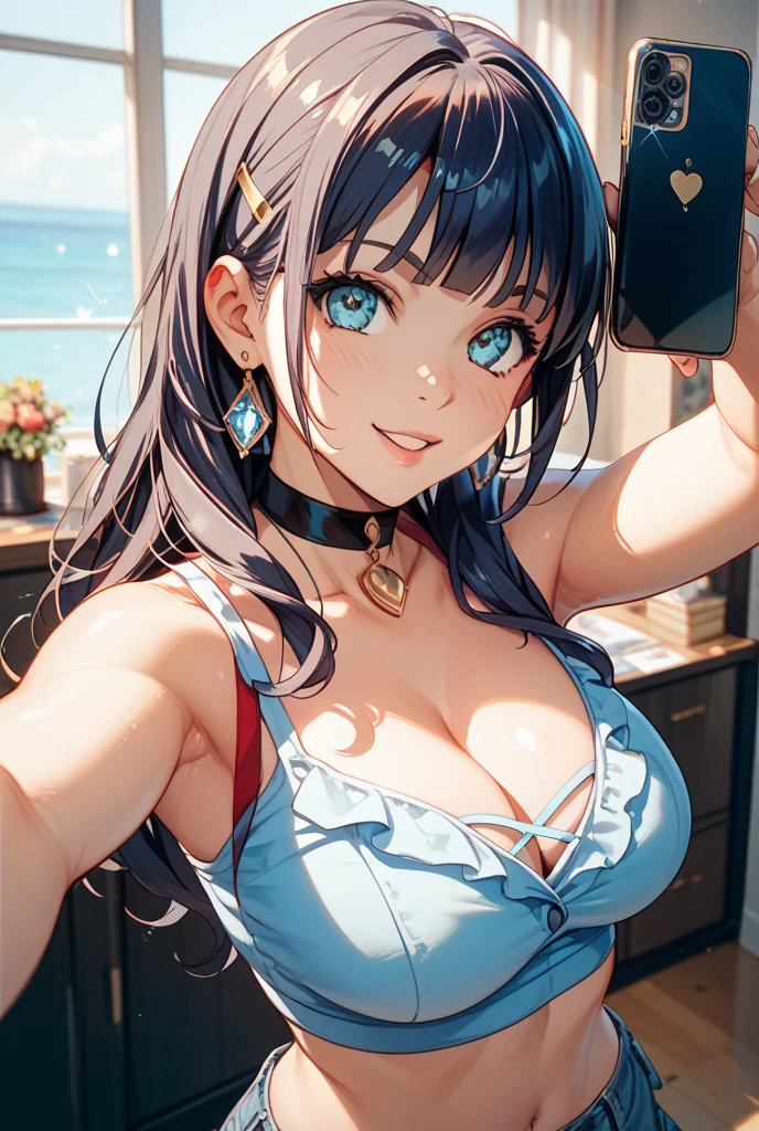 8K picture quality、top-quality、masutepiece,Black super short hair、Half of the body is in water,Large breasts,cleavage,Off-the-shoulder attire,The swimsuit fits closely,super high image quality、ultra - detailed、Ultra-realistic hair quality、Vibrant colors、Beautuful Women、beachside,sandbeach,Greenery,Shiny hair、detailed hairs、Blue eyes、shiny skins、Lace underwear、extremely giant breasts、Sweaty forehead and cheeks、Huge ass、A smile、soft pink lips、Ultra-realistic flesh、Red cheeks、summer festival in background