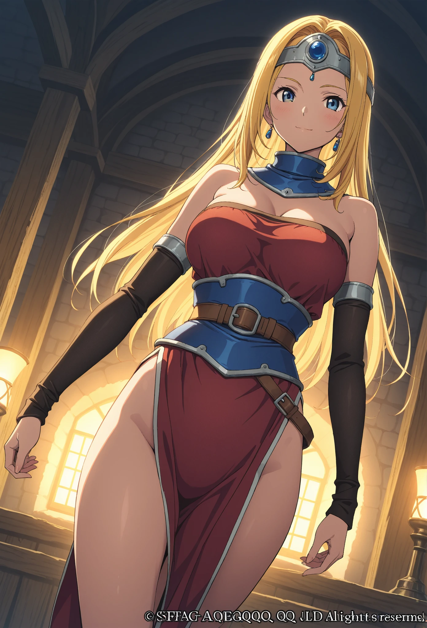 (masterpiece, best quality:1.2), 1girl, looking at viewer, amazon, dragons crown, bikini armor, expressionless, holding halberd, armlet, muscular female, breasts, black gloves, gloves, thighs, (thick thighs, large ass:1.1), tattoo, navel, obliques, long hair, cleavage, swimsuit, feather hair ornament, blonde hair, abs, circlet, large breasts, feathers, turned around, bent over, cameltoe, (dungeon, murky, fantasy setting, brick walls:1.1)