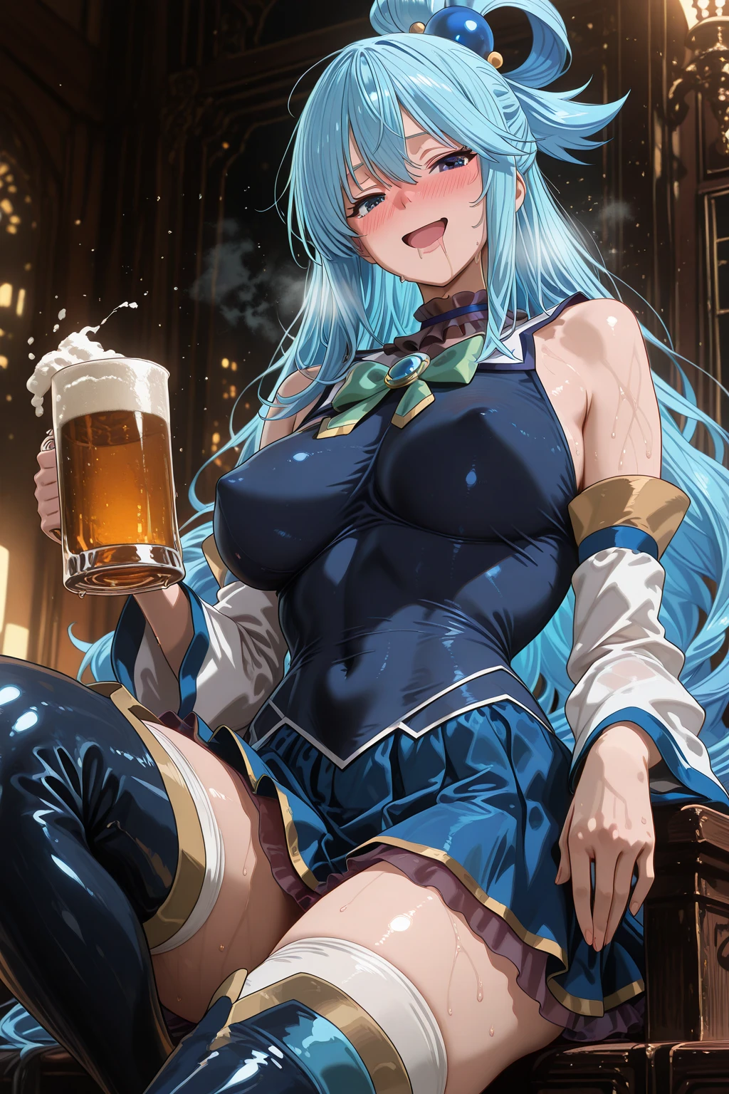 beer, beer mug, mug, aqua \(konosuba\), alcohol, cup, holding cup, foam, 1girl, blue hair, breasts, drunk, holding, drink, open mouth, long hair, blue eyes, drinking glass, hair ornament, solo, glass, disposable cup, large breasts, smile, looking at viewer, sitting, hair rings, drinking straw,breasts, nipples, 1girl, breast, solo, sweat, collarbone, large breasts, areolae, Completely naked,Show the vagina,nude,