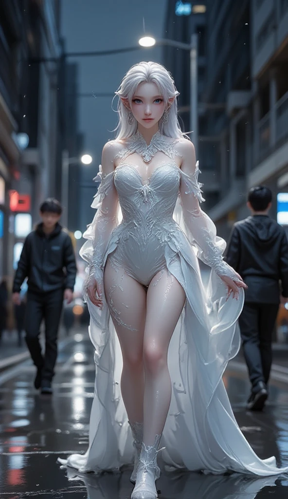 FS, an albino girl with perfect 10 features and long black Rapunzel-like hair, stands in a picturesque Avatar-like scene. Her body is graceful with a petite bust and slender legs. The girl looks stunning in a sheer organza dress with intricate designs. Her high-heeled shoes are elegant with golden patterns. The sunlight creates a subtle silhouette around her contours from the back, while soft and filling light illuminates her from the front. This scene has photorealistic qualities and is a concept art that creates a wow effect of:2. It can be found on the website 500px with hyper-superior details
