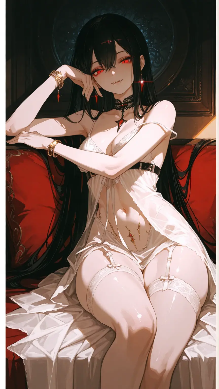 upper body, anime, masterpiece, best quality, 1girl, shiny skin, black wavy hair, blue eyes, detailed iris, bright pupils, medium breasts, bridal lingerie, bra, panties, corset, thighhighs, silk, lace, elbow gloves, embroidery, sitting, living room, fancy couch, cinematic lighting, intricate details, 8k, highres,