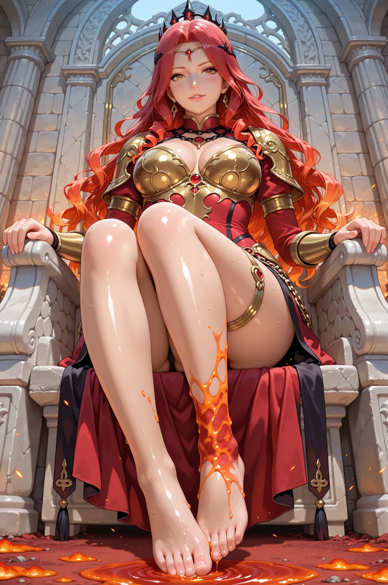 a beautiful woman with long red hair wearing a crown, highly detailed, 4k, octane render, houdini, VFX, masterpiece, photorealistic, vibrant colors, dramatic lighting, cinematic composition, sharp focus, intricate details, elegant pose, fantasy, digital art