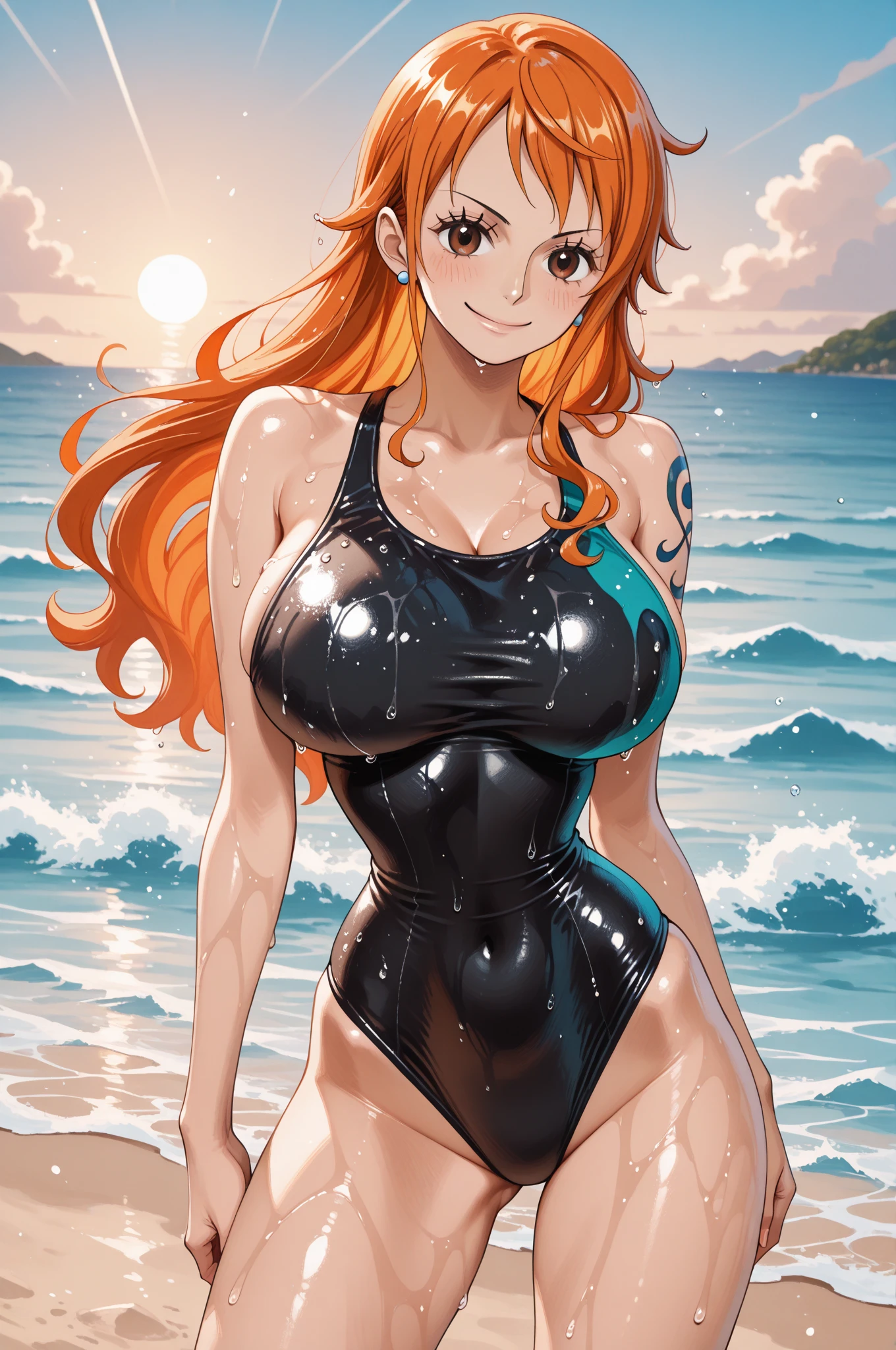 （（（masterpiece、Highest image quality、highest quality、highly detailed unity 8ｋwallpaper）））、（（Illustration of one girl））、（（（beautiful girl）））、（（orange hair、side ponytail、sidelocks：1.3、orange eyes））、（（（stocky build：1.2, thickset physique：1.3, muscular legs, broad shoulders：1.3, solid chest：1.2）））、swimsuit、sandy beach