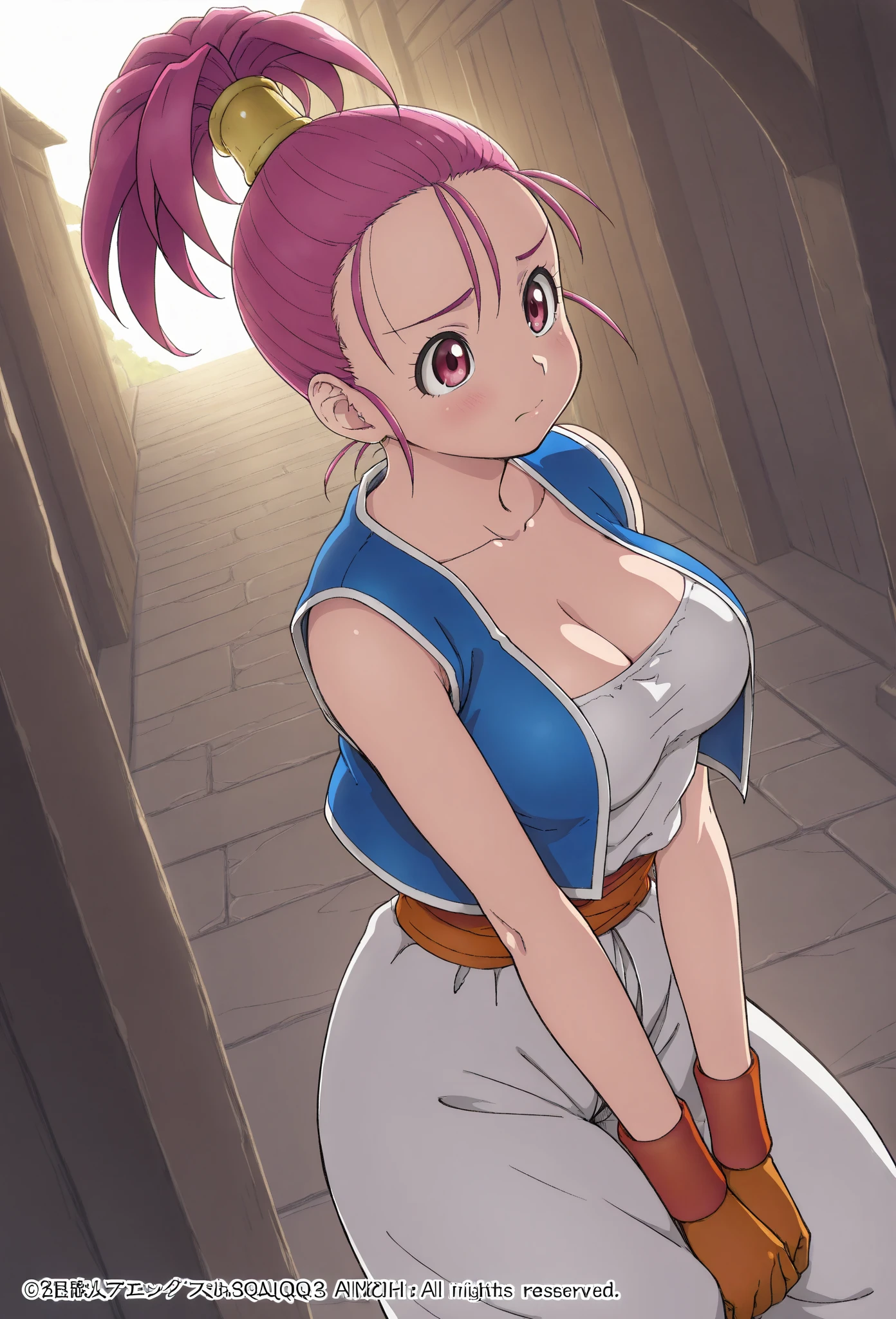 masterpiece, best quality, ultra-detailed, illustration,masterpiece, Best quality, high resolution, high resolution, dragon ball, blmpony, aqua hair, hair ribbon, braided ponytail, pink shirt, belt, scarf, pink skirt,tight skirt,miniskirt,clothes writing, brown gloves ,jewelry,beautiful detailed eyes, looking at viewer in a seductive look, close up, (breast focus), (arms behind back:1.2), (from above:1.1),big sized breasts, (breasts out:1.3), attempt to seduce,wet clothes ,(nipples),(blush),((wide thighs:1.4), sitting ,(spread legs:1.2)