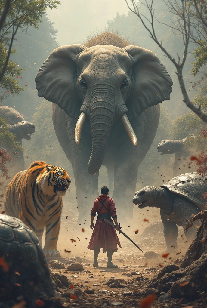 Looking danger samurai sit on the horror look elephant killing a villain