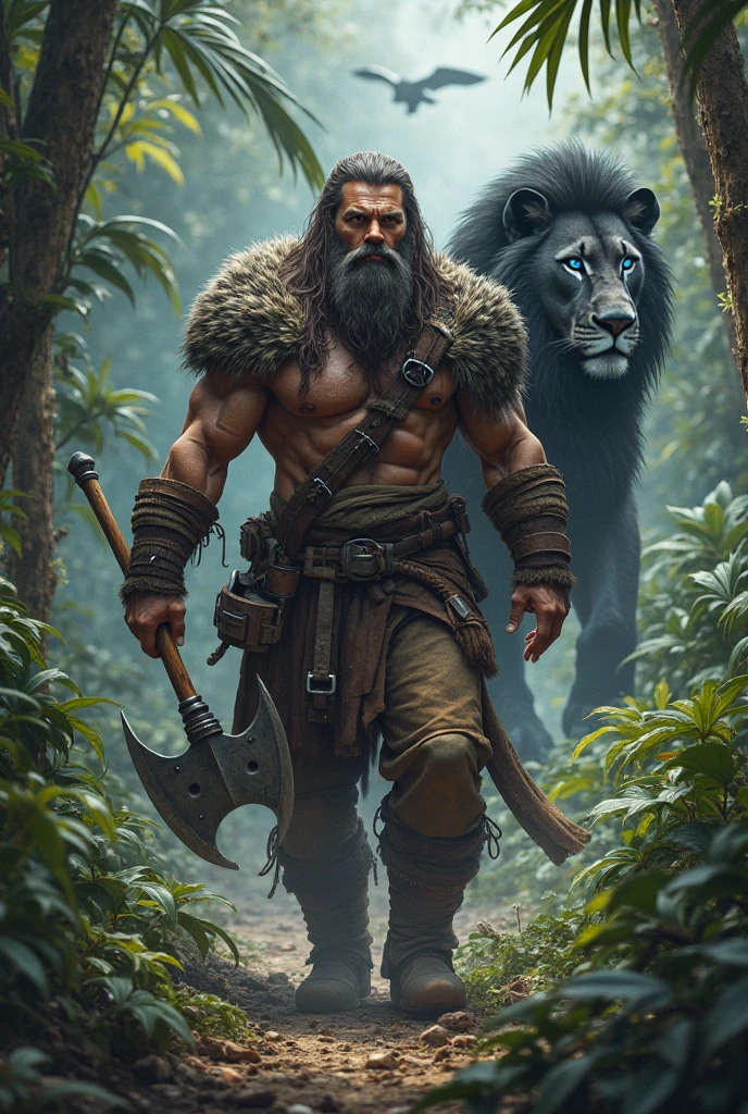 (professional 3d render:1.3) af (Realistic:1.3) most beautiful artwork photo in the world,Features soft and shiny male heroes, ((Epic hero fantasy muscle man rough wet hero angry looking long hair short beard and ferocious expression in dynamic pose, Fantastic location, Majestic cluttered environment)), Full body 8K unified rendering, action shot, skin pore, very dark lighting, heavyshading, Detailed, Detailed face, (vibrant, photograph realistic, Realistic, Dramatic, Dark, Sharp focus, 8K), (Old leather garments damaged by weathering:1.4), ((((Wear fur)))), (Intricate:1.4), decadent, (Highly detailed:1.4), Digital painting, rendering by octane, art stations, concept-art, smooth, Sharp focus, illustration, Art germ, (loish:0.23), wlop ilya kuvshinov, and greg rutkowski and alphonse mucha gracias, (Global illumination, Studio light, volumettic light), heavy rain, and big white lion sitting on his side particles floating, lotr, fantasy, elf, full bodyesbian, (green and beautiful landscape