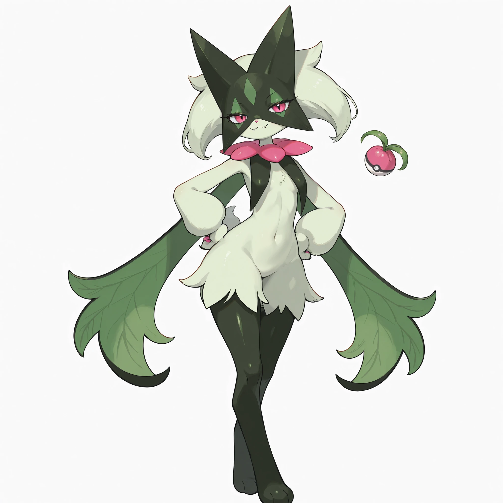 masterpiece, ultra-HD, impressionism, high detail, best quality, very aesthetic, 8k, best quality, beautiful, meowscarada_illust, 1girl, solo, pokemon (creature), anthro furry, light green fur, short tail, pink eyes, eyelashes, slim, sharp fangs, smile, cute, full body, hand on hips, standing, looking at viewer, simple background, front view