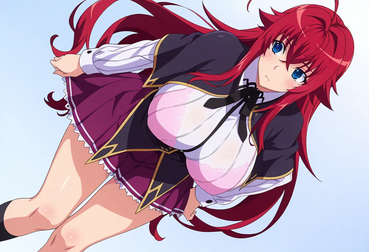 sysdeep_rias and 1man, having sex, wild sex, sex scene, rias sex with the man, best quality, masterpiece, ultra-detailed, high quality, highres, 1girl, pretty woman, red hair, long hair, beautiful, smile, open mouth, looking at viewer, (school uniform), see through, large breasts, cleavage, large ass, curvy body, POV, close shot, from the front, full body, in beach, sweating, exhausted, black bra, stocking