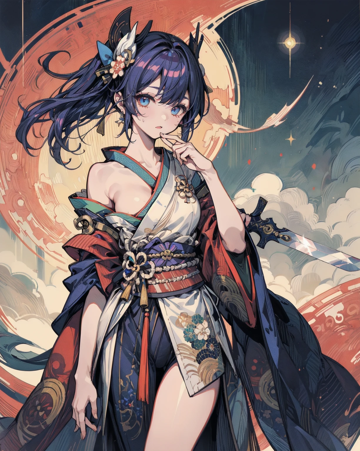 absurdres, RAW photo, extremely delicate and beautiful, masterpiece, Best Quality, ultra high resolution, 32k, hyperrealistic, ultra-detailed, perfect figure, in her 20s, very small head, very small face, delicate facial features, tearful mole, earring, very huge breasts, full body shot, medium hair, moon, kimono, long sleeve, wide sleeve, hair ornaments, 