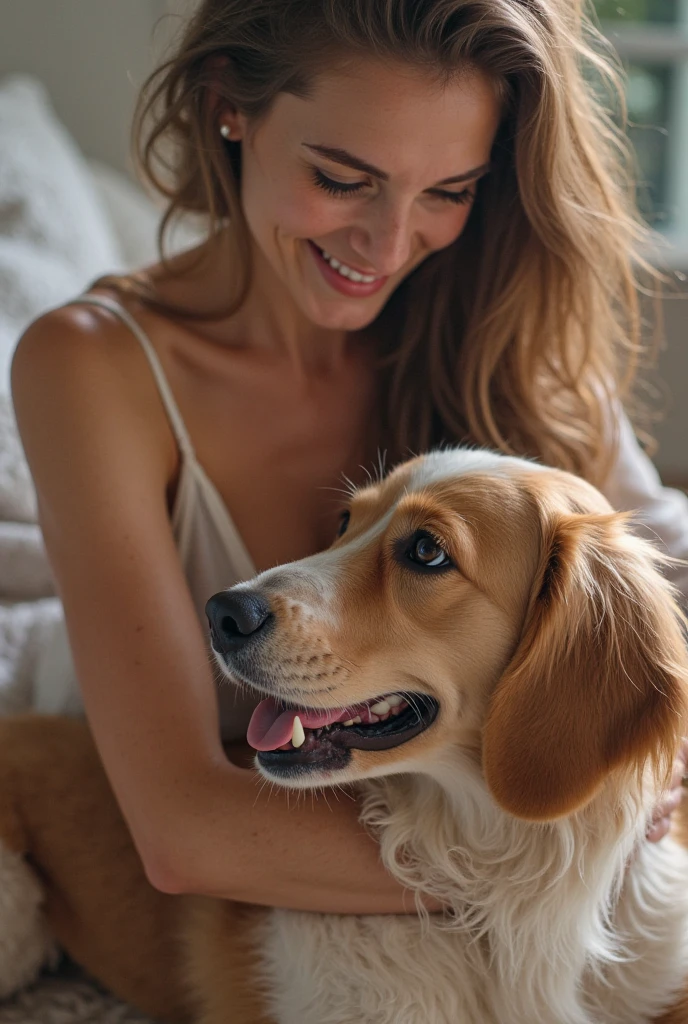 Woman having sex in bed with a dog