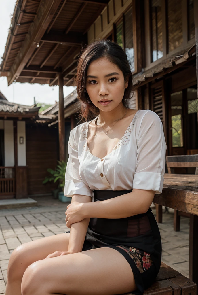 masterpiece, best quality, a beautiful village girl, walking alone in the middle of a deserted village, kebaya with open buttons, very huge breasts, batik skirt, scared expression, walking in the middle of the night, bokeh background, very dramatic, hyperrealistic, photo realistic, HD, 4K, Cinematic, very detail, 