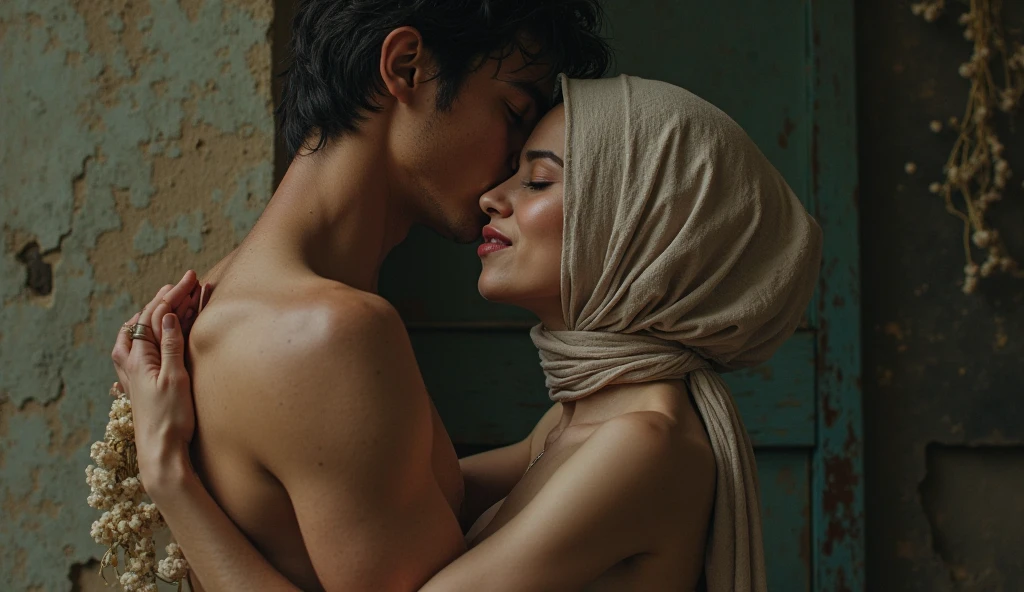 (((man and woman having sex in various position))) (1 gorgeous malay girl wearing thongs and arm sleeve, topless, wearing plain hijab, she is hugging 1 handsome man 40 years old with slick back hair, he is shirtless and wear panties) ((he is having sex with her)), dynamic pose, ultra realistic, masterpiece, maximum quality, detailed skin texture, skin pores, film grain, eyes closed, skin marks, moles, highly detailed skin, fantasy flower garden, (flowers blooming densely in background), lisianthus, pale pink and light azure color grading, surreal and dreamy environment, ethereal foliage, high contrast, ink strokes, over exposure, abstract, (watercolor painting by John Berkey and Jeremy Mann, brush strokes), flower petals and leaves flying blown by wind, film grain, film noise, cinematic composition ((KAMASUTRA)) ((guy dominates girl))