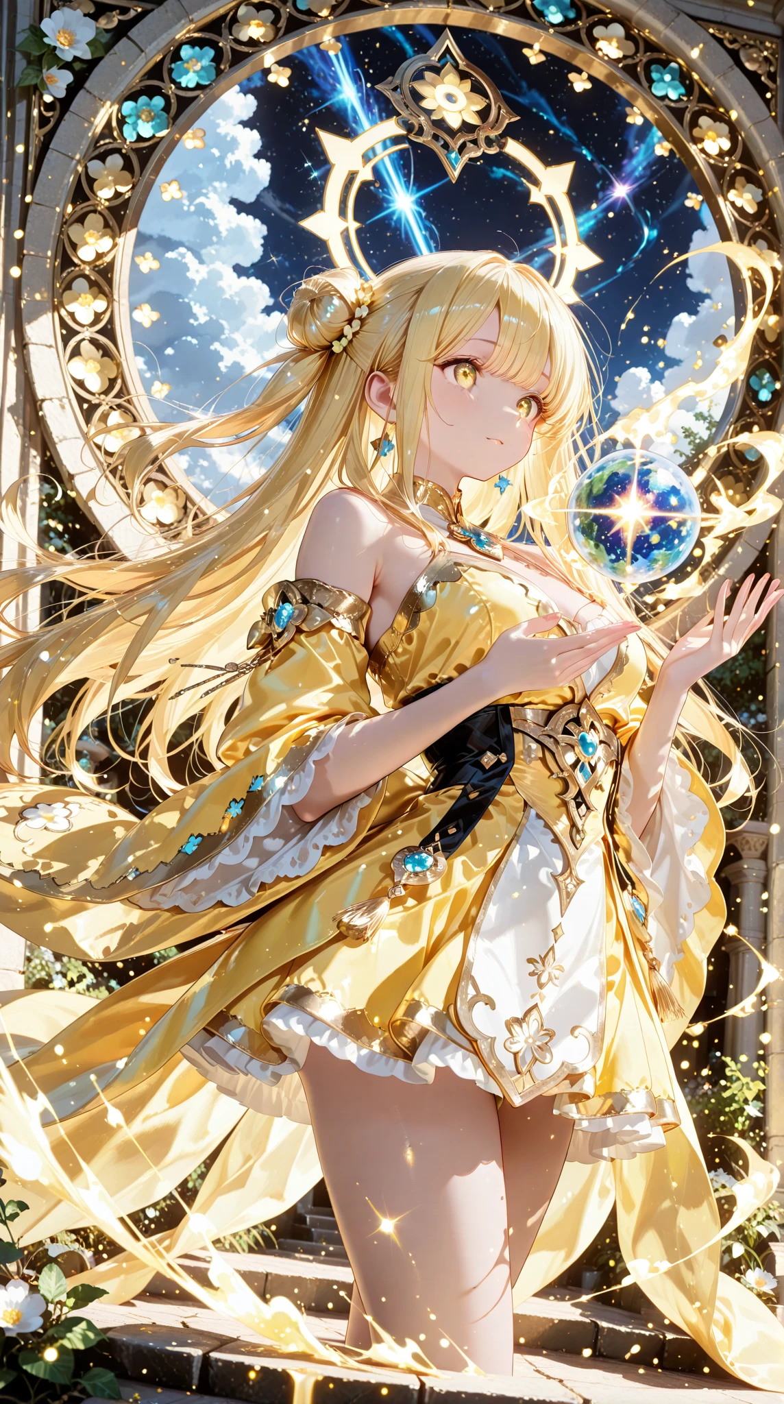 ((8k, best quality, master piece: 1.3)),super high resolution,(1 girl, solo), (colorshift eyes, hyperdetailed, expressive sparkling, glitter, glowing eyes), ultra detailed eyes, ultra-detailed face, random hair, ((pastel color)),A woman dressed in gold. The background is a mysterious space reminiscent of deep outer space, with infinite stars and light particles floating around. The background color is a gradation from deep navy blue to vague purple, with the glow of stars and galaxies sparkling. Deep in the universe, streaks of light like aurora that shine in seven colors spread fantastically, creating an overall dreamy and magnificent atmosphere. The woman is wearing a gorgeous golden outfit, the outfit is completely golden in color and is depicted as emitting a rainbow of light. She wears a long, flowing dress decorated with fine details, the dress is shiny gold, and each part of the outfit is sprinkled with various hues. The hem and cuffs of the dress are decorated with fine rainbow-colored gems and crystals, which shine fantastically in the light.
Her hair is long, with wavy curls, and her hair is a shiny gold color that is depicted as changing into seven colors in the light. Small golden ornaments and crystals are scattered in her hair, and the entire hair reflects the light and shines fantastically.
The woman's eyes are large and deep emerald green, and the rainbow light reflections in her eyes are naturally drawn. A luxurious gold necklace shines around her neck, and the necklace is adorned with multiple rainbow-colored gemstones. The outer space background and the woman's golden costume harmonize, emphasizing the overall fantastical and gorgeous atmosphere. The angle of view is set so that the woman's entire body is visible. This effect adds a magical, fantastical atmosphere to the image. The light reflections from the crystals create colorful highlights, making the entire scene shine.