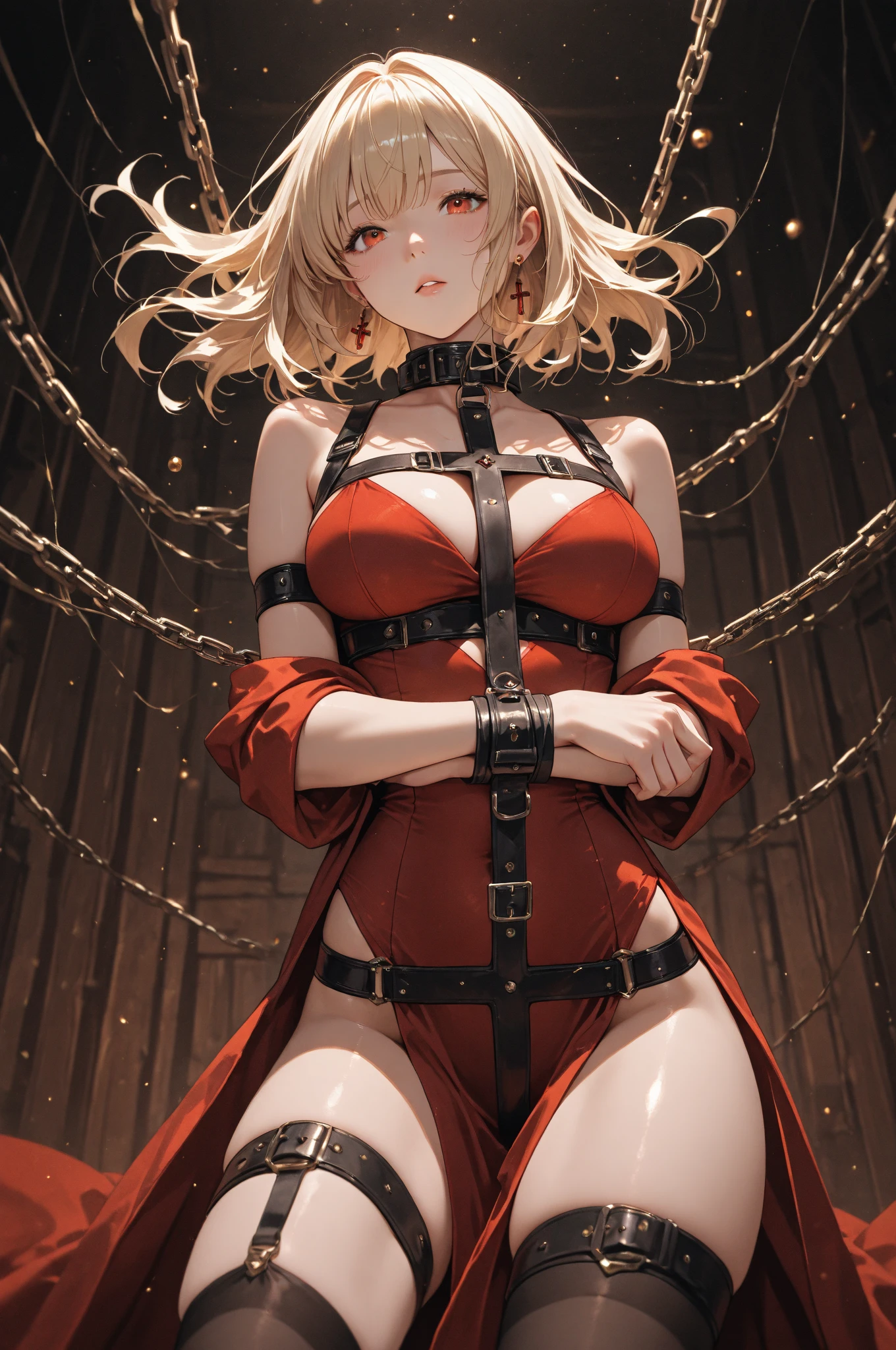 (masterpiece, best quality), solo, leotard, (stockings:1.2), nsfw, suspension, restrained, bound arms, arms behind back, bdsm, spread legs, rope, shibari, leaning forward, <lora:BondageSuspension:0.7>
