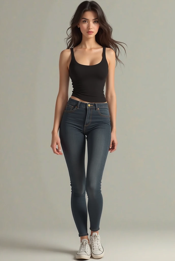 best quality,4k,8k,(masterpiece:1.2),ultra-detailed,realistic,photo-realistic:1.3, attention to detail,4K, ultra detailed body, Hande Erçel(Turkish actress),open toe heels, straight brown hair, brown eyes, plump lips, jeans, long legs, tank top