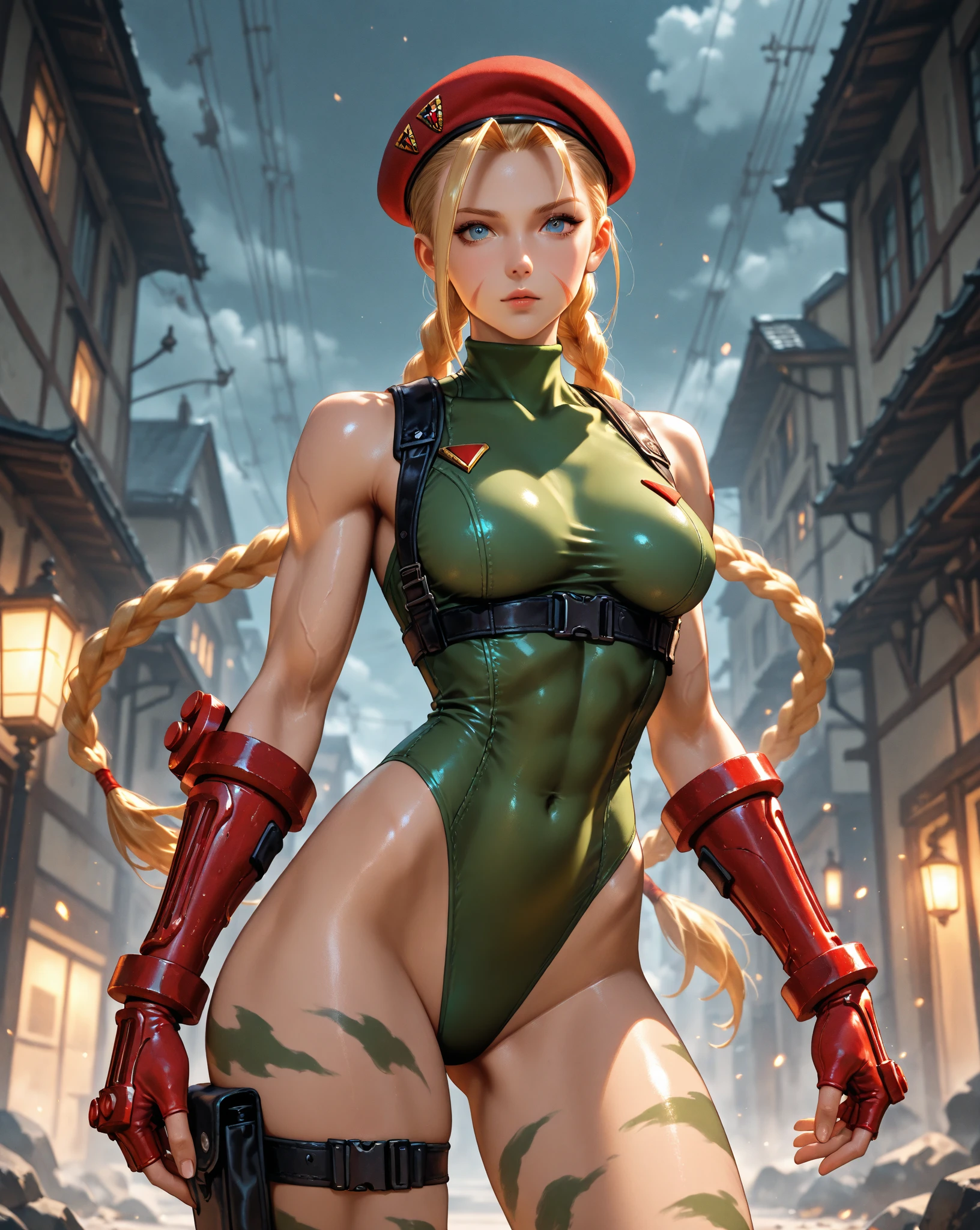 master part, best quality, Altas, 1girl, Cammy branco, twin braids, cabelos longos, blonde hair, cabelo da antena, boina, (red headwear:1.3), olhos azuis, cicatriz na bochecha, malha verde, seios grandes, Mangas, luvas vermelhas, luvas sem dedos, camuflar, cowboy shot, Standing, ao ar livre, arms at side, Em linha reta,