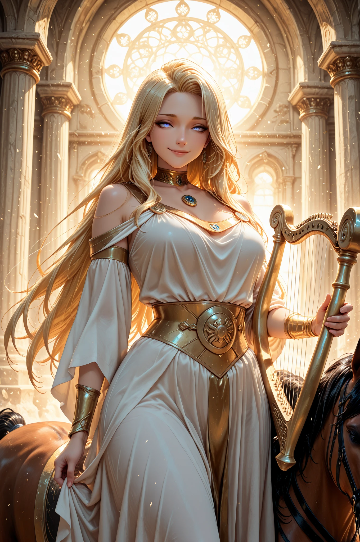 Greek Goddess, blue eyed, blonde hair, fair skin, stunningly gorgeous, a very short greek tunic with a golden belt, holding a golden bow, mythic arcadian mountain, photorealistic, ultra quality, high detailed, masterpiece, 4k --auto --s2