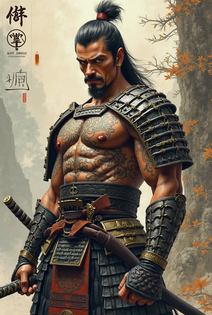 Hyper-realistic 3D miniature of a male warrior with skinhead hair, Japanese tattoos, and wielding a katana. Traditional Japanese clothing, decorated with two dragon heads. Cracked texture background, name 'LATEP' with ornament at the bottom.