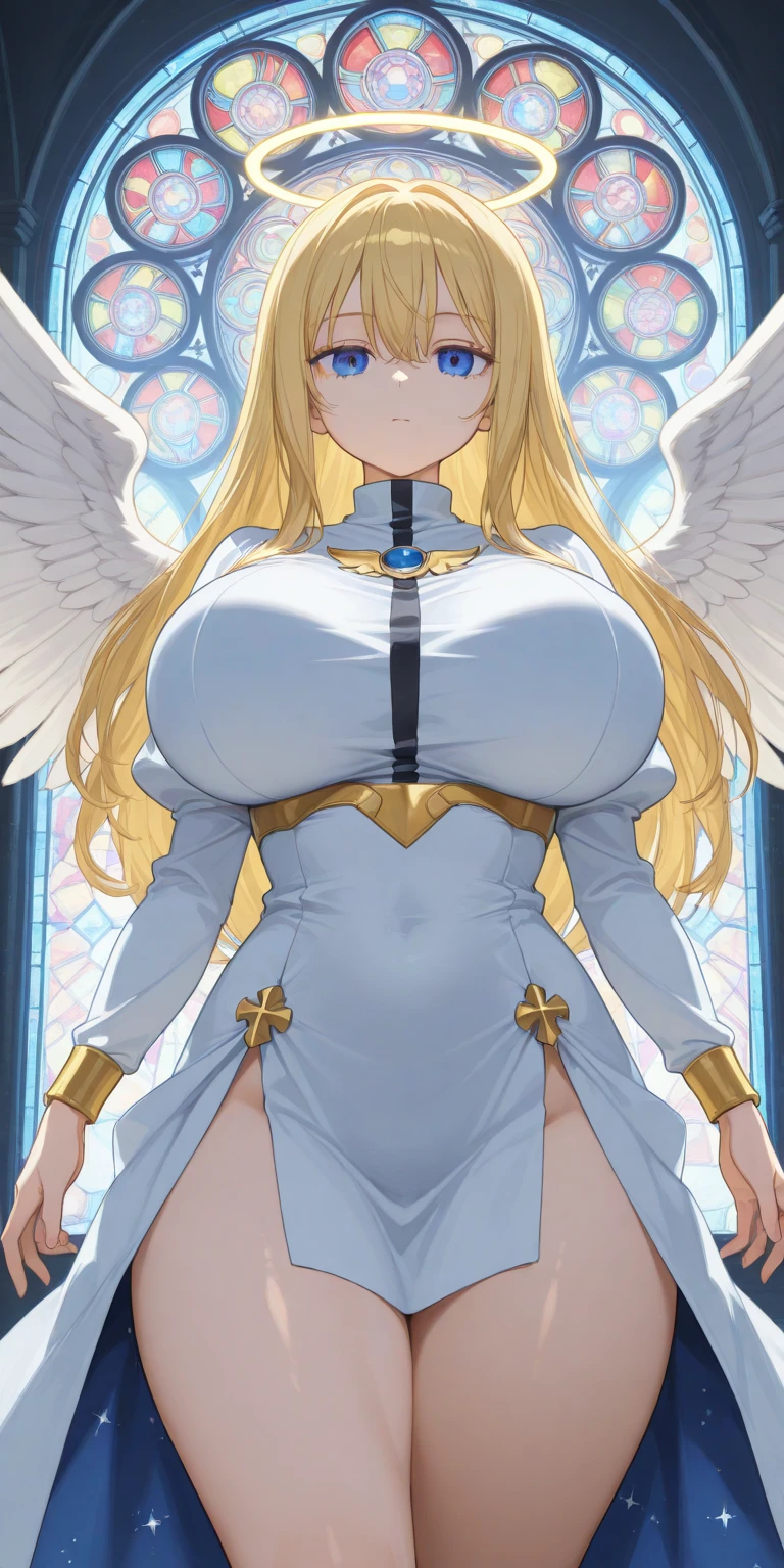 sarielx, dramatic lighting, god rays, Off-the-shoulder white wedding dress, Snow White Veil, choker, silver tiara, necklace, earrings, angel wings, head wings, vitril, stained glass, standing, angel, wings, (cathedral background), anime cels style, best quality, high resolution, 1girl, (huge breasts:1.2), beautiful face, cowboy shot, heterochromia, braided ponytail, braided bangs, smiling, looking at viewer