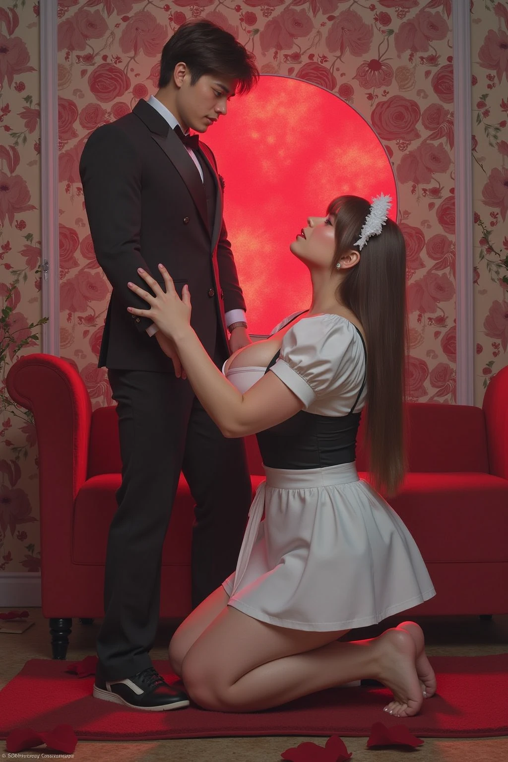 redhead milf in bunny costume kissing a black old man