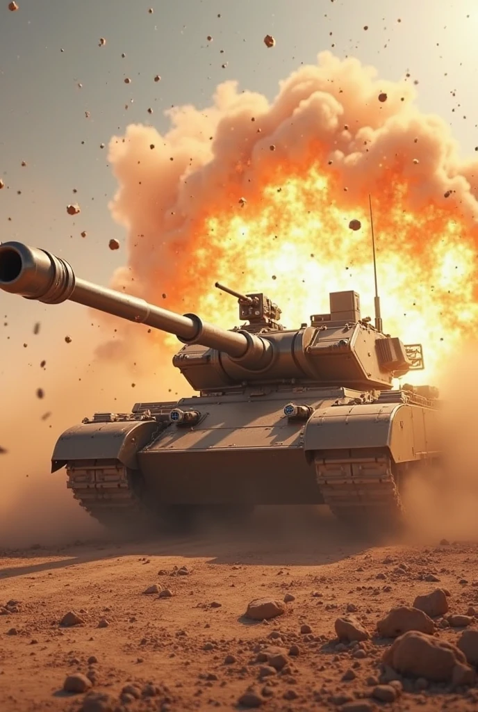 Create a highly realistic visual depiction of an Empire main battle tank exploding after taking a direct hit from an anti-tank missile in a futuristic dieselpunk setting. The scene captures the moment of impact, with the tank's thick, industrial armor being shattered by the powerful explosion. Flames, debris, and smoke erupt from the tank, illustrating the devastating force of the missile. The environment is chaotic, with the surrounding area filled with dust, fire, and scattered wreckage. The tank, a massive, heavily armored vehicle, is shown in the process of being torn apart, its mechanical components and rotating cannons being engulfed by the blast. The art style should emphasize the gritty realism and intense action of the moment, while showcasing the rugged, industrial aesthetics of the dieselpunk theme.