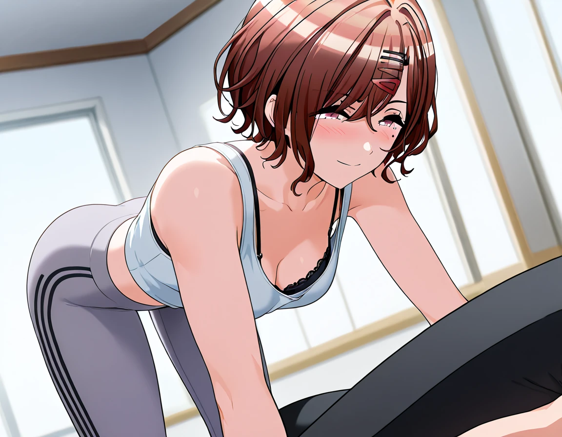 human, ((1girls)), 18 years old, beautiful, ponytail, brown hair, black eyes, Black Yoga sports bra very short, Z cup breasts, ((brown skin)), fair body, 1m78, deserted, ((Takeda Hiromitsu style)), Room gym, afternoon, Orgasm Face, ((Pov Sex Position: The Snake)) round buttocks, groin breathing,