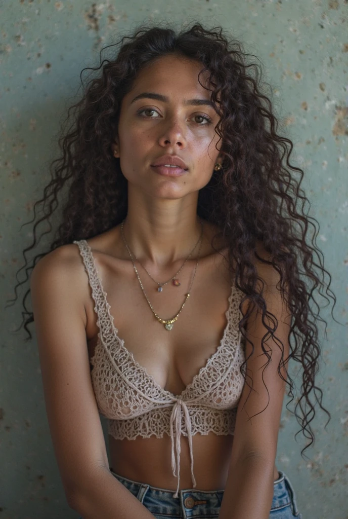 A full body picture of a woman who smiles, has a light brown complexion of mixed Mexican and Brazilian race, Curly hair, she wears a decorated blouse and a long skirt with a slit on a side