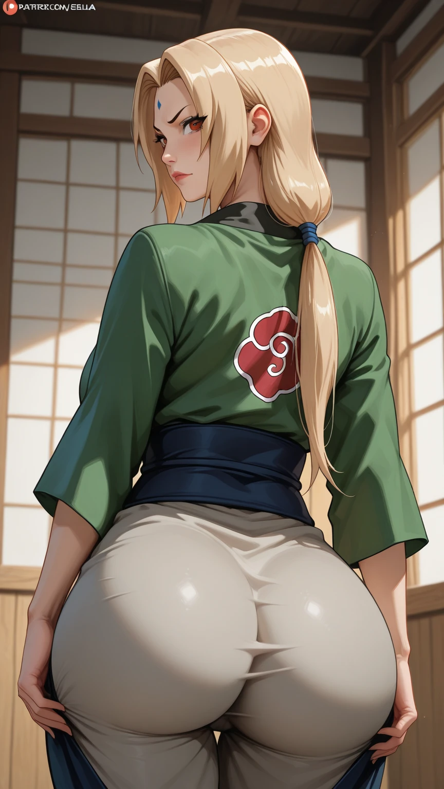 1girl,alone,tsunade senju,masterpiece,standing,office,hokage,desk,paperwork,naughty face,breasts out,green coat,open coat,gray pants,tight pants,shirt pull,beautiful,blonde hair,eyes brown, seductive, sexy body, huge breasts, medium waist, wide hips, medium thighs in, perfect eyes, cinematic lighting, 1 woman, absolutely alone, tsunade, mature woman, assertive woman, separated breasts, hands on waist, looking at viewer , looking back, from behind, focus on the ass, pov (from below), seductive smile, flashing, perfect anatomy, perfect hands