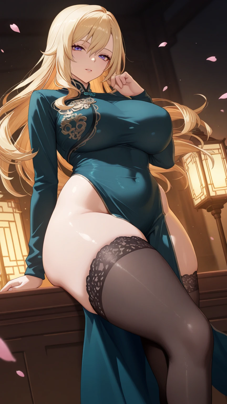 masterpiece, best quality, ultra high res, ultra-detailed, inside a luxurious bar, night, a windows with a beautiful night city landscape, azusa, slut, solo, (blonde hair, teal eyes: 1.4), red lipstick, red eyeliner, (gigantic tits and giant cleavage: 1.4), hairy pubic hair, (erotic black china dress, black tights, black high heels: 1.5), looking at the viewer, sexual alluring expression, moaning, pleasure face, horny, very erotic face, wet, (azusa is standing in a very sexy pose with a hand on her hip while looking at the viewer with a very sexual and horny face and an alluring smile: 1.6), (bottom close pussy photo: 1.5)