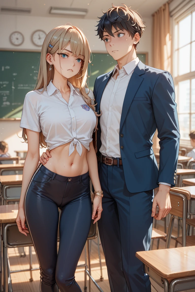 (masterpiece), best quality, (((old businessman holds nude naked young teen girl))) who has annoyed face and blue eye and (large breast) and nipple and vagina and short blond braid and red lipstick and earring and headband and wristwatch and necklace, classroom setting, businessman in background, businessman in background, businessman in background, businessman in background,
