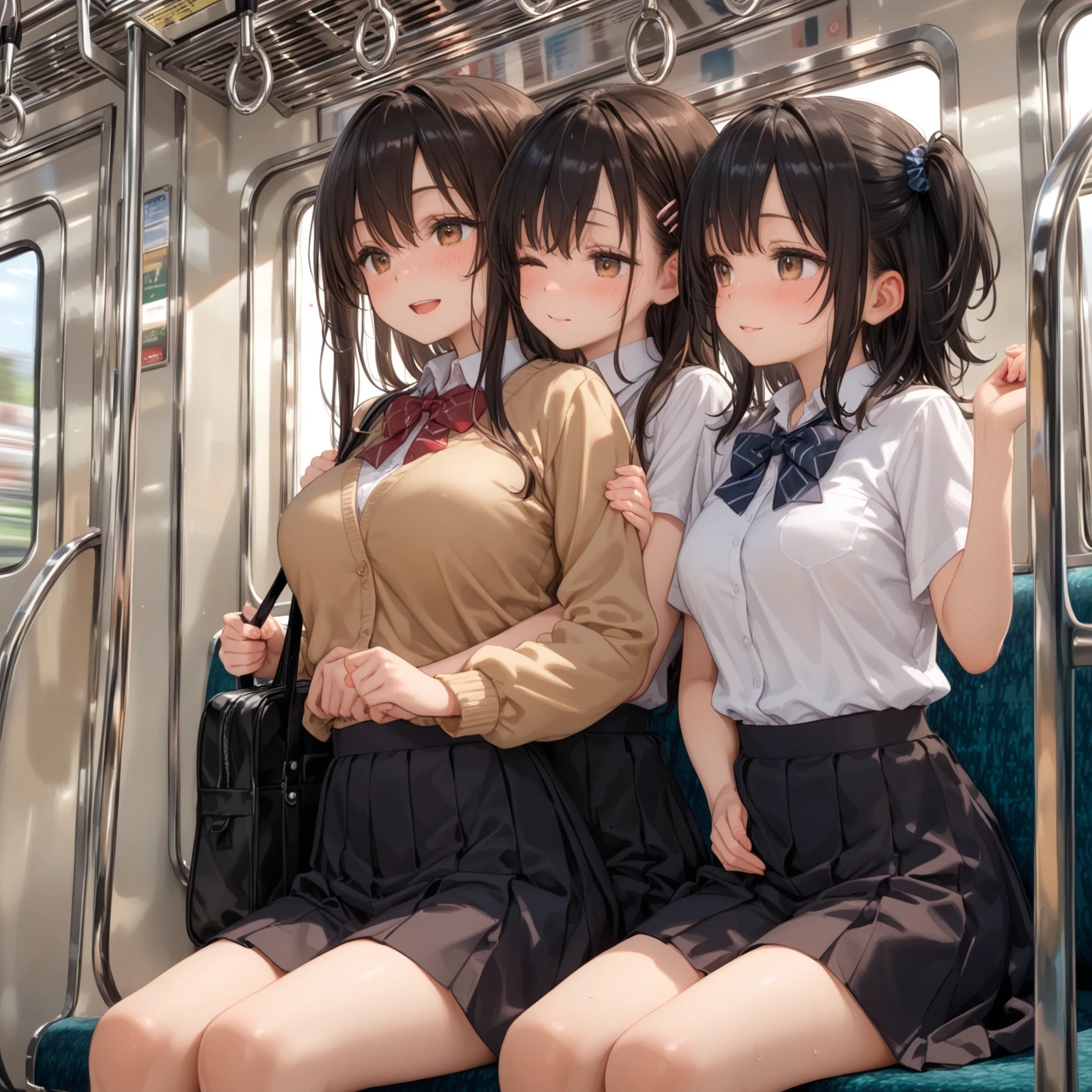 3+girls,multiple girls, lineup,
accidental exposure panties, decollate panties, sweaty, miniskirt, large breast, sleeping, closed eyes, seat in trains,
straight-on, pov, from below,