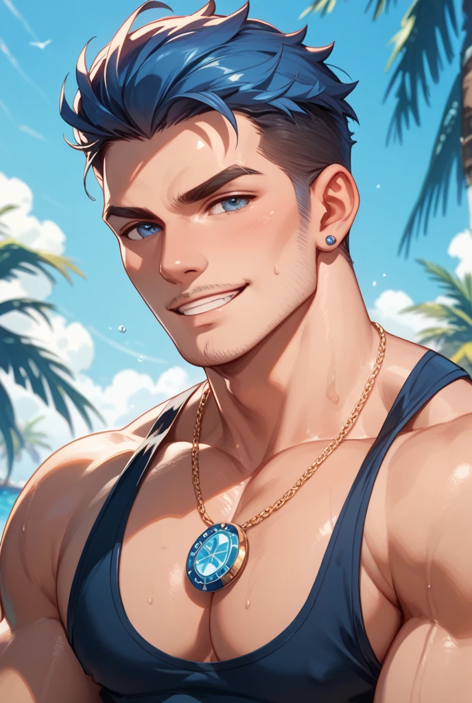 a close up portrait of a man with a blue bandana, sunglasses, detailed facial features, chiseled jawline, smile, rugged handsome, cinematic lighting, high contrast, dramatic shadows, moody color palette, dark and gritty, cinematic, hyperrealistic, 8k, detailed textures, masterpiece