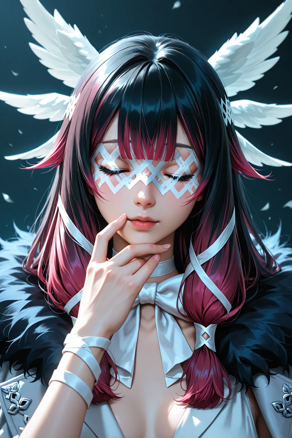 A humanoid monster with split corners of its mouth, sharp teeth, long tongue, sharp eyes, scarlet eyes, big eyes, arms turned into wings, feathers, hair. --auto --s2