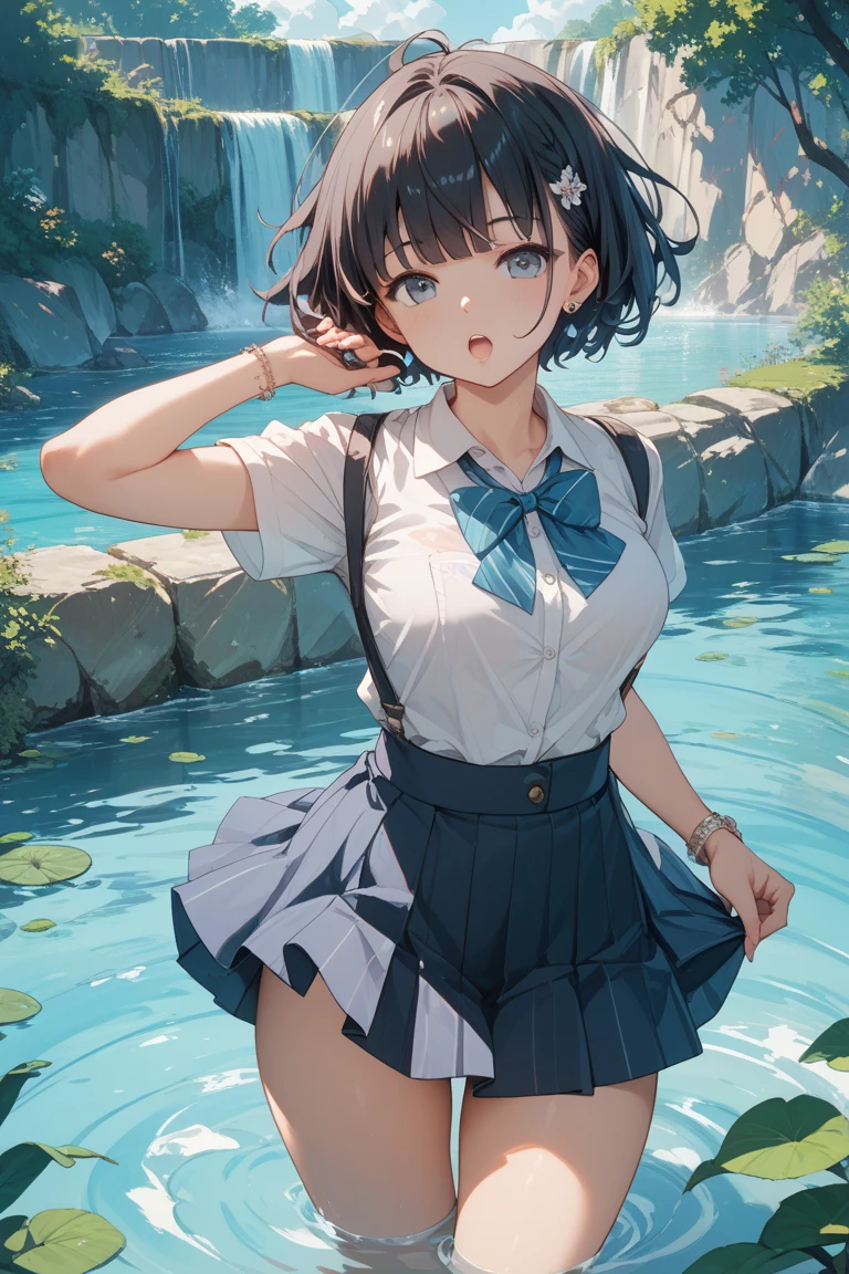 Sleeveless one-piece skirt, Pier on the lake, summer, White clouds in blue sky, cumulonimbus, Green Forest, 18 year old beautiful girl, Are standing, Smiling, whole body