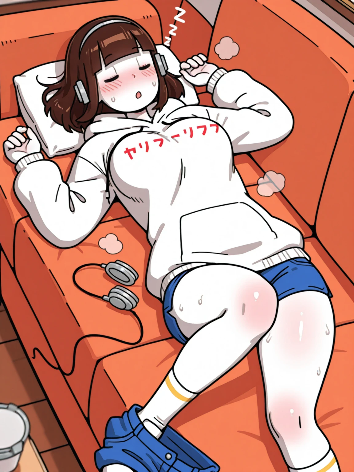 anime girl with glasses,blue eyes black hair,red winter hat,black book and pink headphones with cat ears and no skirt black clothes with a tooth out fat thighs lying on a bed in underwear 
