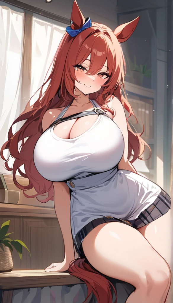 (masterpiece), best quality, 1girl, huge breasts, (maroon hair:1.2), long hair, (wavy hair:1.1), light blue eyes, full bangs, (black camisole:1.2), (gray plaid skirt:1.2), (standing:1.1), smile, closed mouth, pointy ears, (make-up, eyeshadow:1.1)