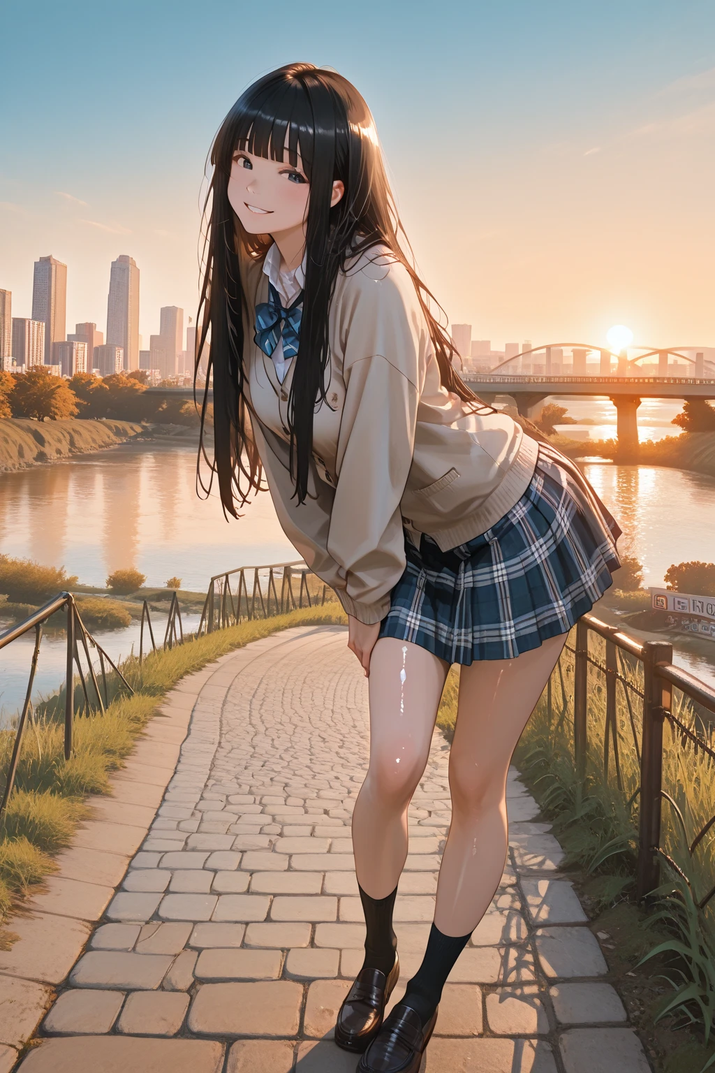 (ultra-detailed, best quality, anatomically perfect body), (1 girl, have to pee, very desperate to pee, have to pee), (casual dress, long skirt, shoes), (have to pee), (knees together and feet apart), (hand between legs, leaning forward), (covering crotch:1.3), (constricted pupils:1.3), (erotic twist of the body:1.2), (sad, blush:1.5), (embarrassment:1.2), (flying sweat:1.4), fear, (breathless:1.8), (squint eyes:1.1), (looking restroom:1.1), (open month), shiny skin, (skirt lift:1.4), inaka, river