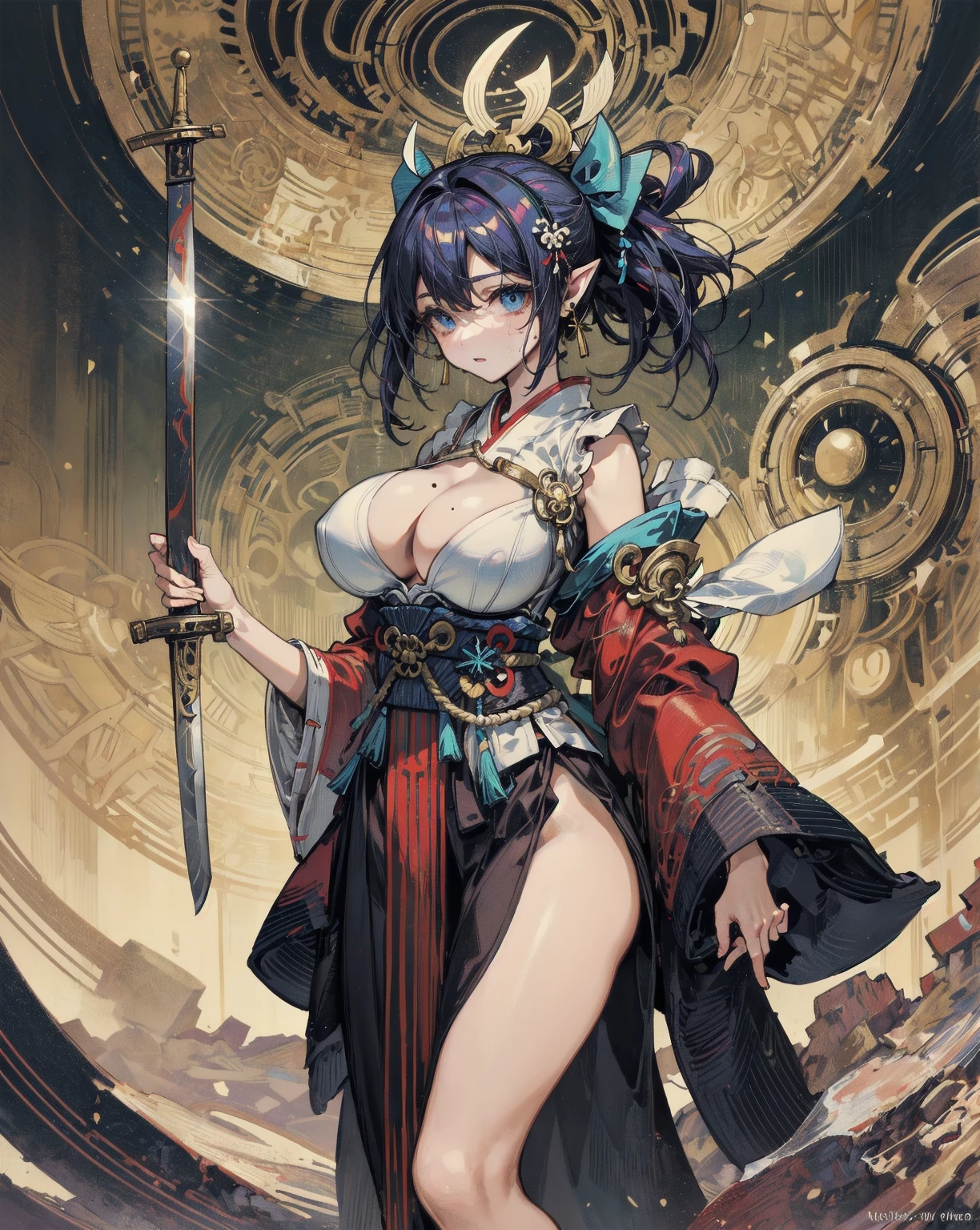 majestic female general，Slim figure，Ripe and plump，exciting big breasts，No sagging，long sexy legs，no fat，Wearing a purple coat，A Japanese sword hangs from his waist，With a bow and arrow on his back，Wearing Japanese armor，The brilliance of motherhood almost overflows，Always with a kind expression。Fate Yorimitsu Minamoto