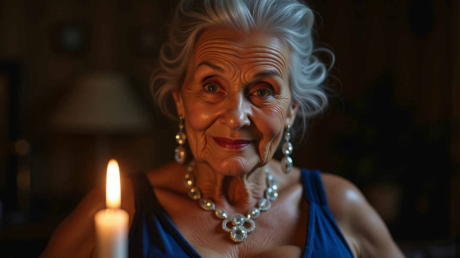 ( :1.3), ( :1.4), (huge breast:1.6), (queen elizabeth 90yo at hospital), (look down:1.4), (profile side), (excessive  on breast:1.4) (:1.4), (white chiffon blouse:1.5), (black skirt:1.3), (from belove:1.4)