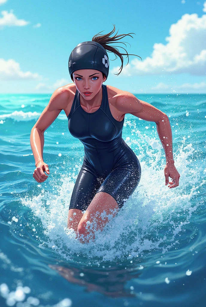 (Best Quality, masutepiece),ultra detailed photographic,1girl in, Female swimmers ,Large breasts,nice legs, At the swimming venue,Detailed beautiful face,Beautiful eyes,detailed hairs,detailed clothes,Detailed realistic skin,Cool,Dynamic Angle,from below