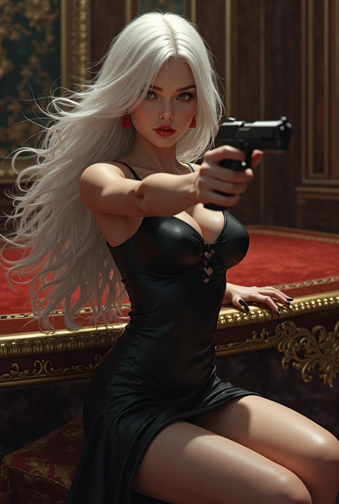 masterpiece, best quality, 1girl, solo, Bkornblume, headphones, solo, blue scarfs, coat, pussy, meeting someone, interrogation, black dress, black gloves, grey hair, holding gun, black coat dress, long sleeves, gloves, blushing, bed, smile, full body, information, german face, boots, sitting, opened breasts, die stasi spy, kitchen background, pantyhose, heels, holsters, buttons, knee, bedroom, Germany, breasts, blue stocking, Aranea Highwind, using bed, mama Aranea, stasi, indoor, pillows, room, ahegao, pole dancing, hotel