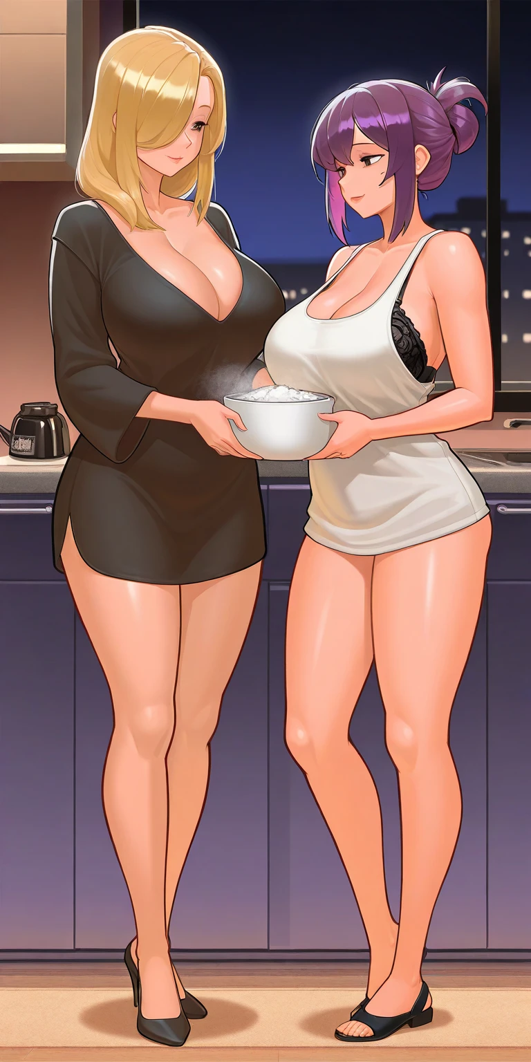 ((multiple thick body mature women age 40 American milf super model))wearing ??????? and thong panties, outdoor kitchen patio, smiling greeting viewer, ((wearing ??????? show pasties sfw)), viewer on the floor, lab coat, necklace, earrings, hair in big bun
