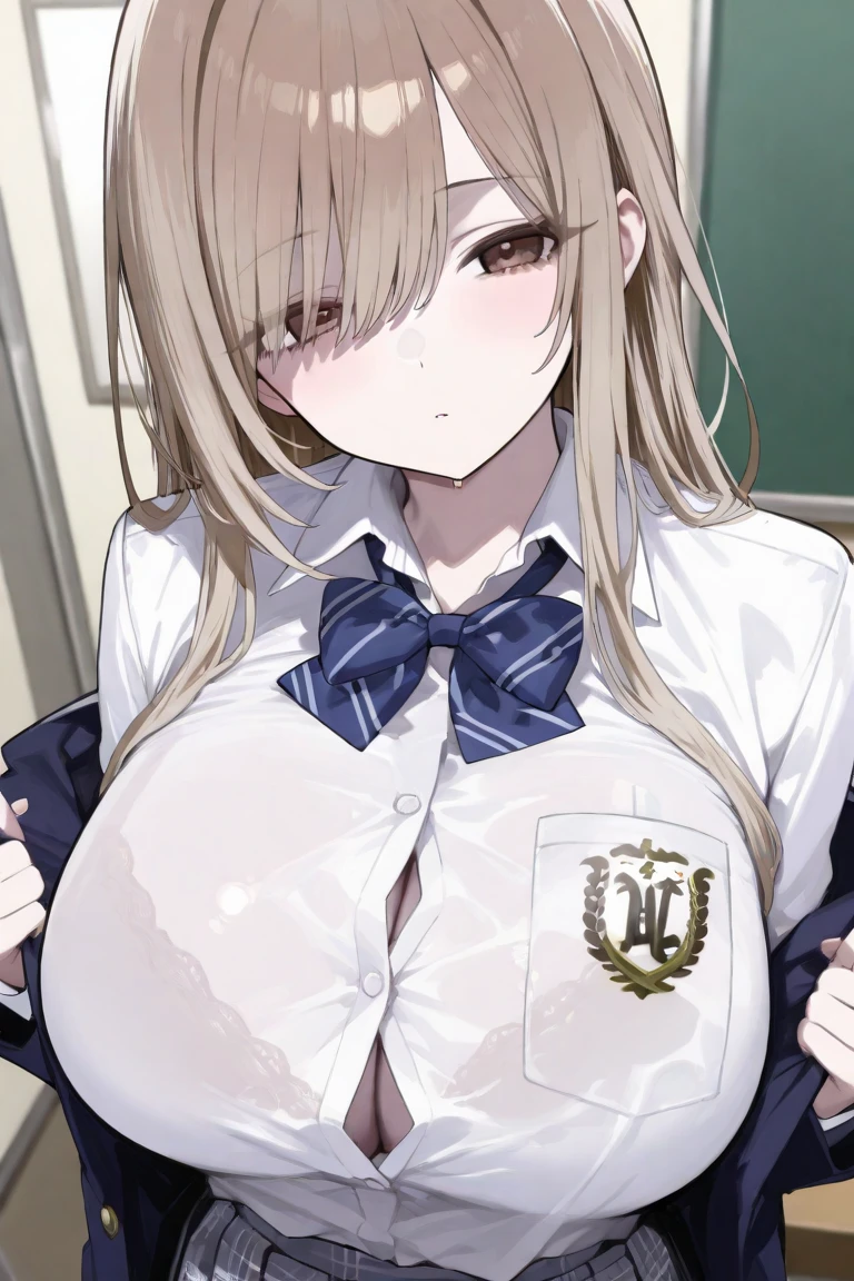 masterpiece, best quality, extremely detailed, 1girl, milf, solo, (dark skin, black skin:2), lancerAlter, (huge breasts:1.2), ((((blonde hair), long hair, yellow eyes, slit pupils))), parted lips, (((white shirt, coat, necktie, pleated skirt, white pantyhoae))), ((blush, naughty smile), closed mouth), ((sitting on a table, classroom))