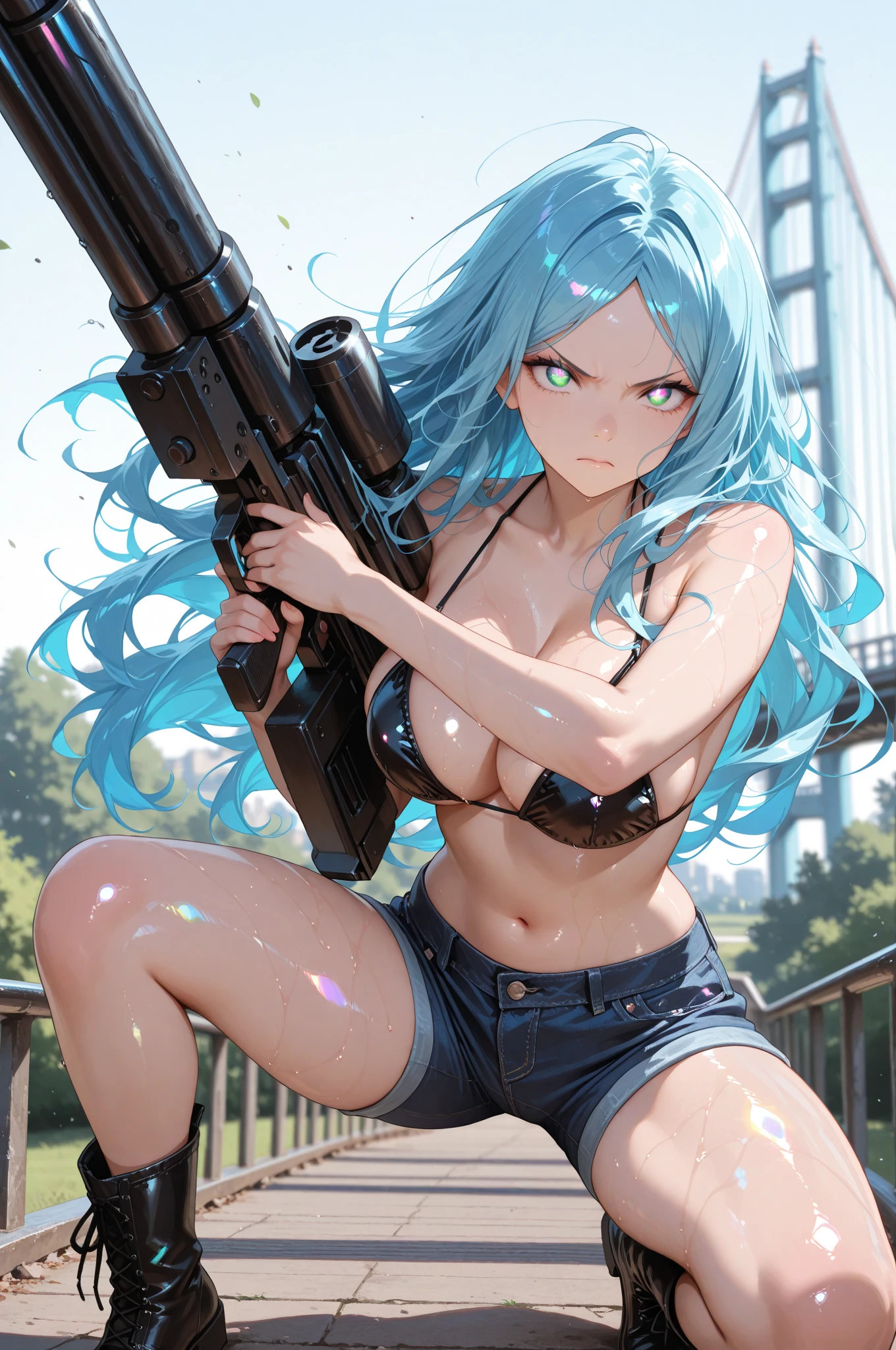 Top quality, best image quality, masterpiece, girl and ((black tank top, short denim shorts, 18 years old, teenager, cute, best bust, big bust, beautiful sparkling blue eyes, wide chest, pink Semi-long hair, slender body, large cleavage, with sniper rifle, headphones, glowing back jet, battle pose, shooting, water splash, ), high quality, beautiful art, background ((space battlefield)) ), depth (Earth), tabletop, depth of field, cinematic style