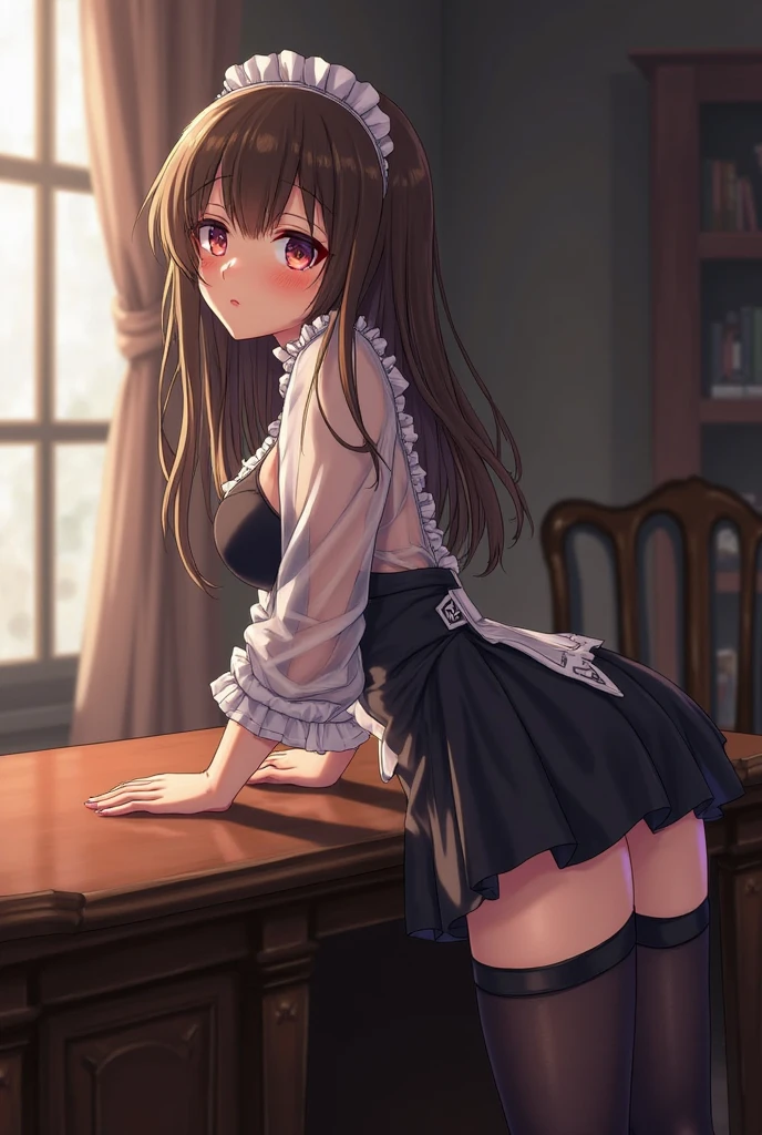 the woman is maid clothing and under ware, solo, underwear, pink panties, brown hair, side-tie panties, satin panties, brown eyes, maid, long hair, looking back, masturbation, hands in panties, touch pussy